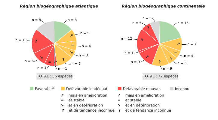 État de conservation et tendance des espèces d'intérêt communautaire en Wallonie, tous groupes d'espèces confondus (2013 - 2018)